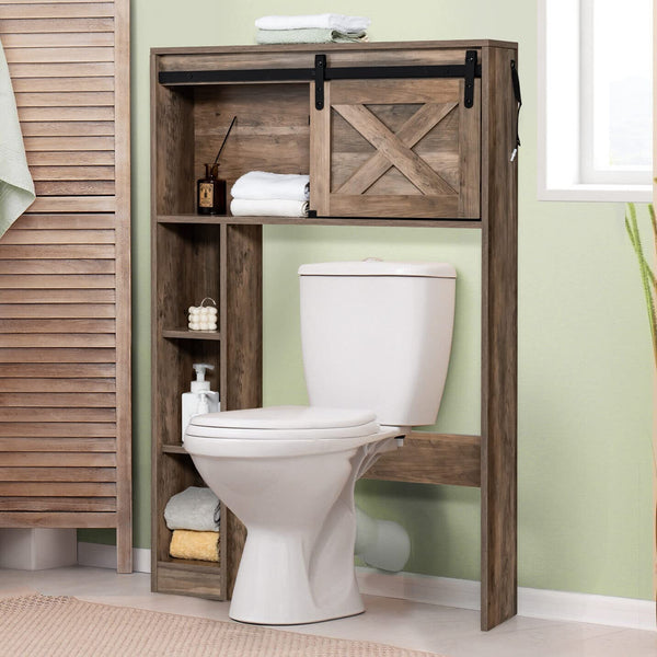 Giantex Over The Toilet Storage Cabinet, Freestanding Bathroom Organizer with Sliding Barn Door & Storage Shelves