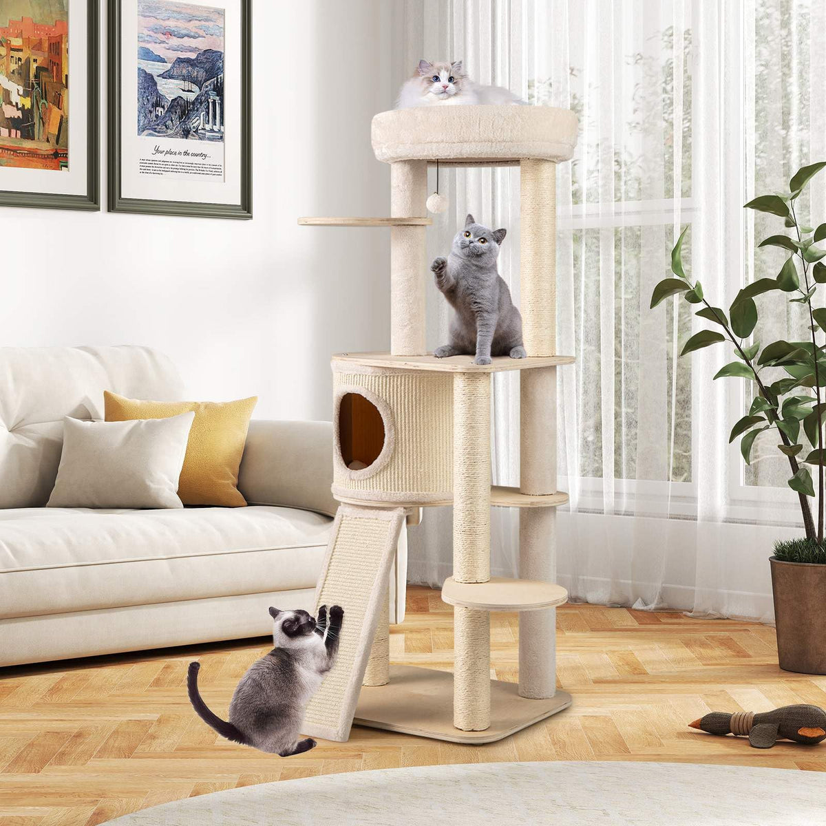 143 CM Tall Cat Tree with Sisal Scratching Posts and Condo