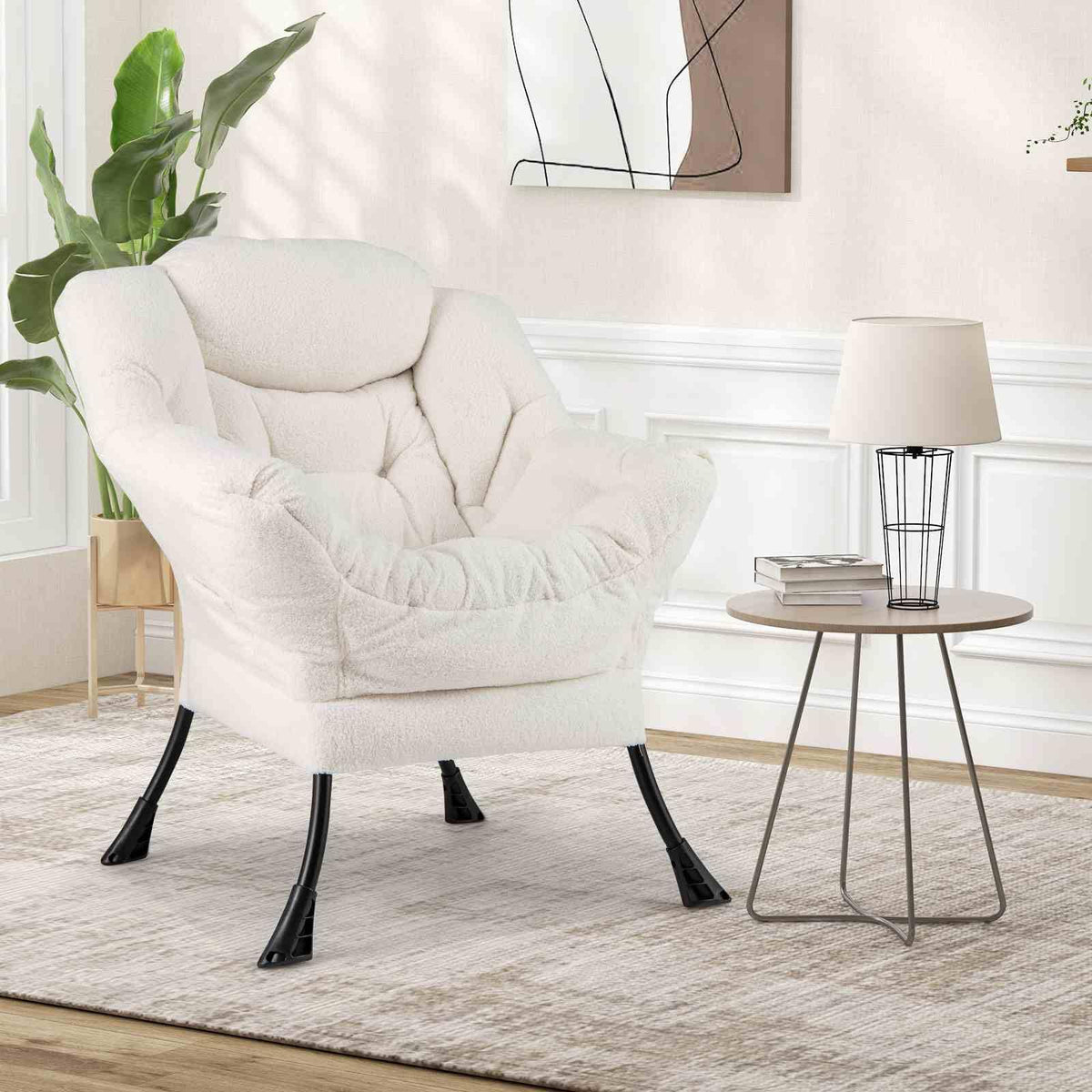 Large Lazy Chair, Sherpa Upholstered Accent Chair with Cozy Head Pillow, Stylish Tufted Back & Seat