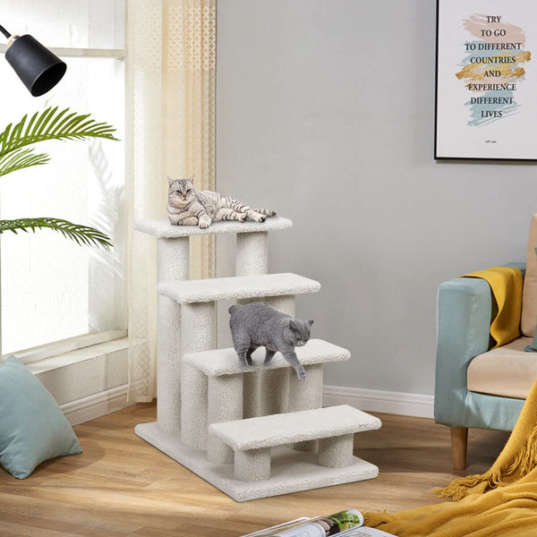 4-Step Pet Stairs for Cats and Dogs, Carpeted Cat Scratching Post Pet Ramp