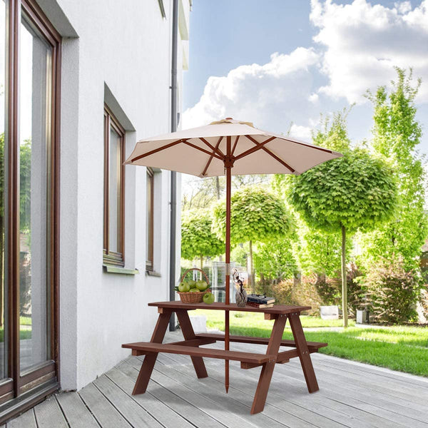 Kids Picnic Table, Wooden Table & Bench Set w/Removable & Foldable Umbrella, Toddler Patio Set for Backyard