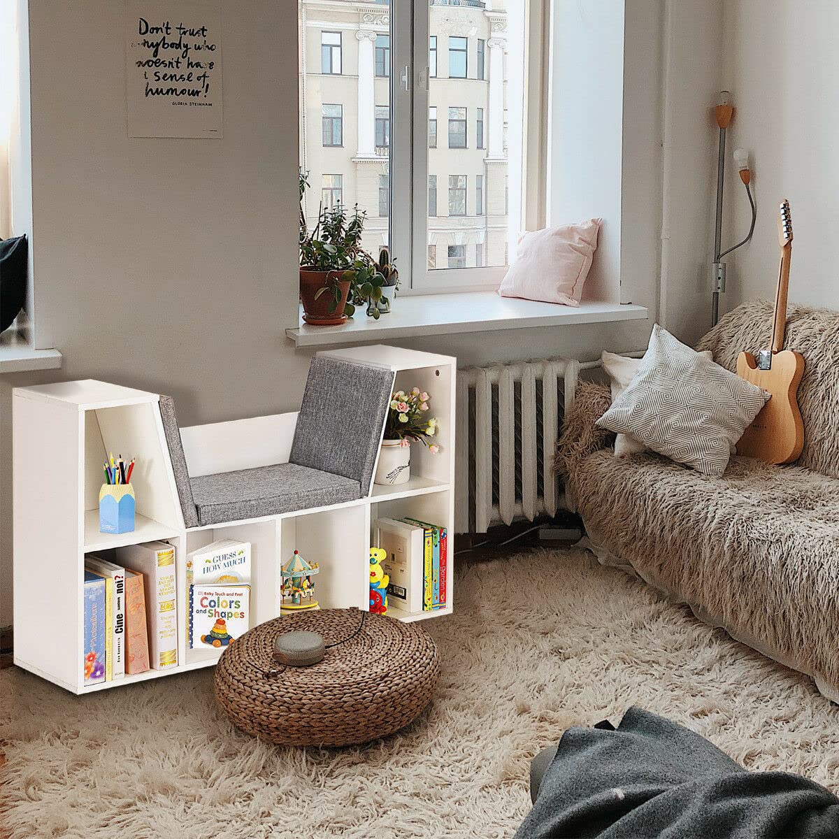 Giantex 6-Cubby Kids Bookcase with Cushioned Reading Nook and Mat