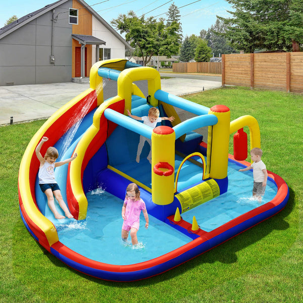 Inflatable Water Slide, 7-in-1 Outdoor Kids Water Bounce House Jumping Castle w/Combo Water Slide(with 680W Blower)