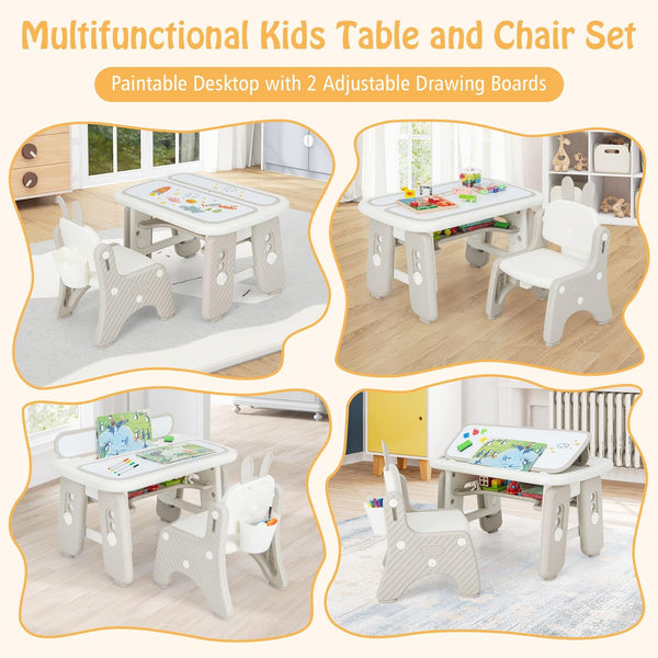 Kids Table & Chair Set, Graffiti Toddlers Art Table & Chair w/Flip-Top Bookshelf