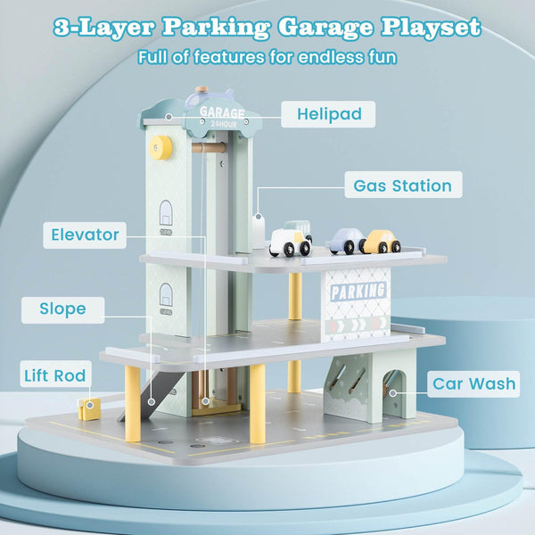 3-Tier Wooden Garage Playset, Pretend Play Parking Lot w/Working Elevator, Helipad, Ramp, Car Wash Center, Charging & Gas Station