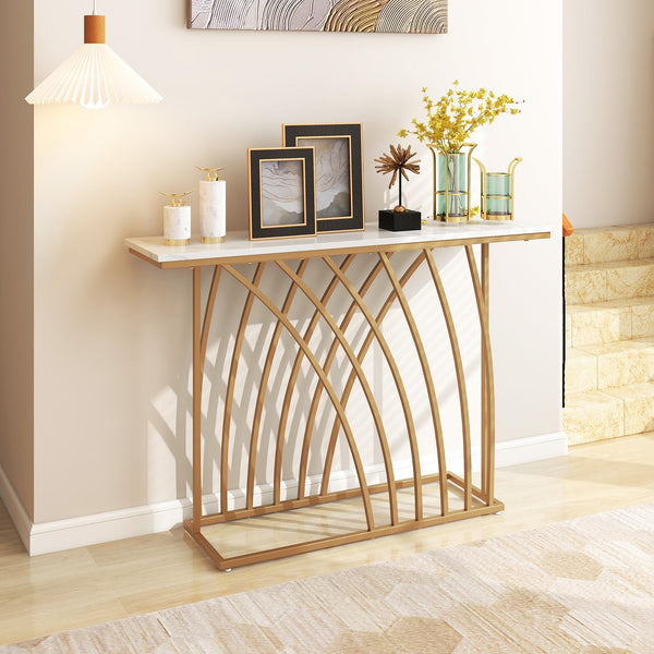 Giantex 120cm Gold Console Table, Modern Entryway Table with White Faux Marble Tabletop