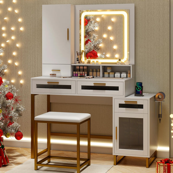 Giantex Makeup Vanity Desk w/Lighted Mirror, Dressing Table and Stool Set w/Charging Station, 3-Color LED Lights