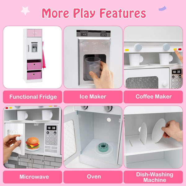 Kids Kitchen Playset with Lights and Sounds, 2-Piece Modular Wooden Play Kitchen w/Water Circulation