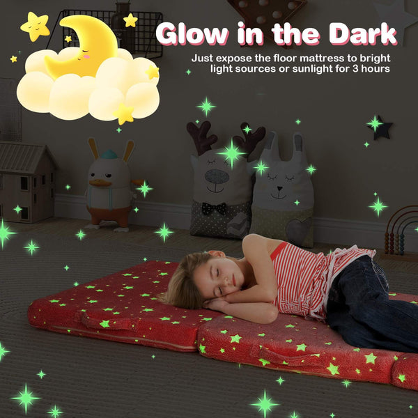 Foldable Floor Mattress for Kids, Glow in The Dark Toddler Floor Nap Mat w/Washable Flannel Cover