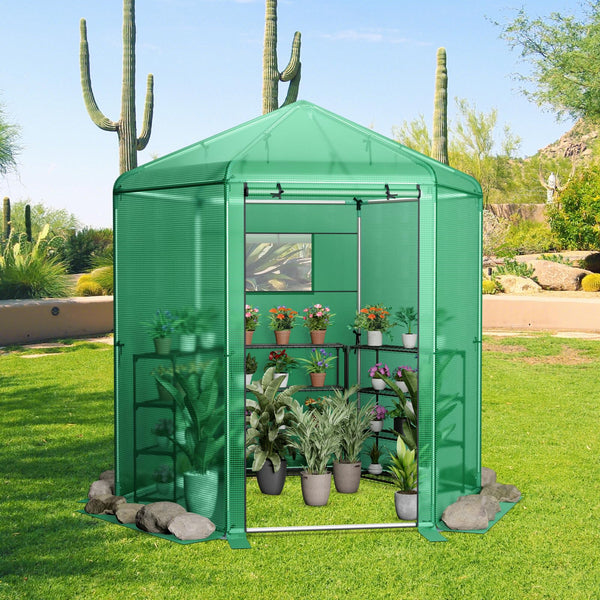 Walk-in Greenhouse, Hexagonal Greenhouse with PE Cover & Metal Frame, Winter Greenhouse with 2-Layered Window & Roll-Up Door
