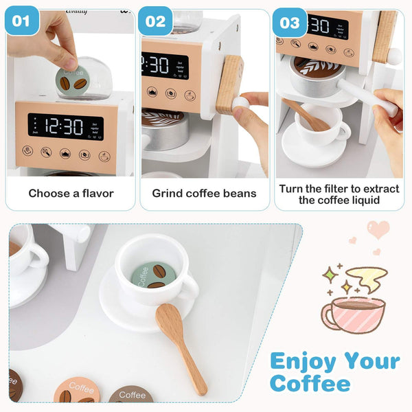 Corner Wooden Play Kitchen, 18 PCS Pretend Kitchen Playset w/Coffee Machine, Slide, Microwave, Oven