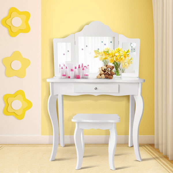 2 in 1 Kids Vanity Table & Chair Set, Princess Makeup Dressing Table with Drawer & Tri-Folding Mirror