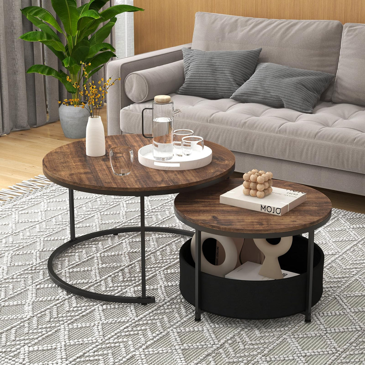 Giantex Round Coffee Table Set of 2, 80cm & 60cm Circle Cocktail Table with Fabric Storage Basket & Metal Frame