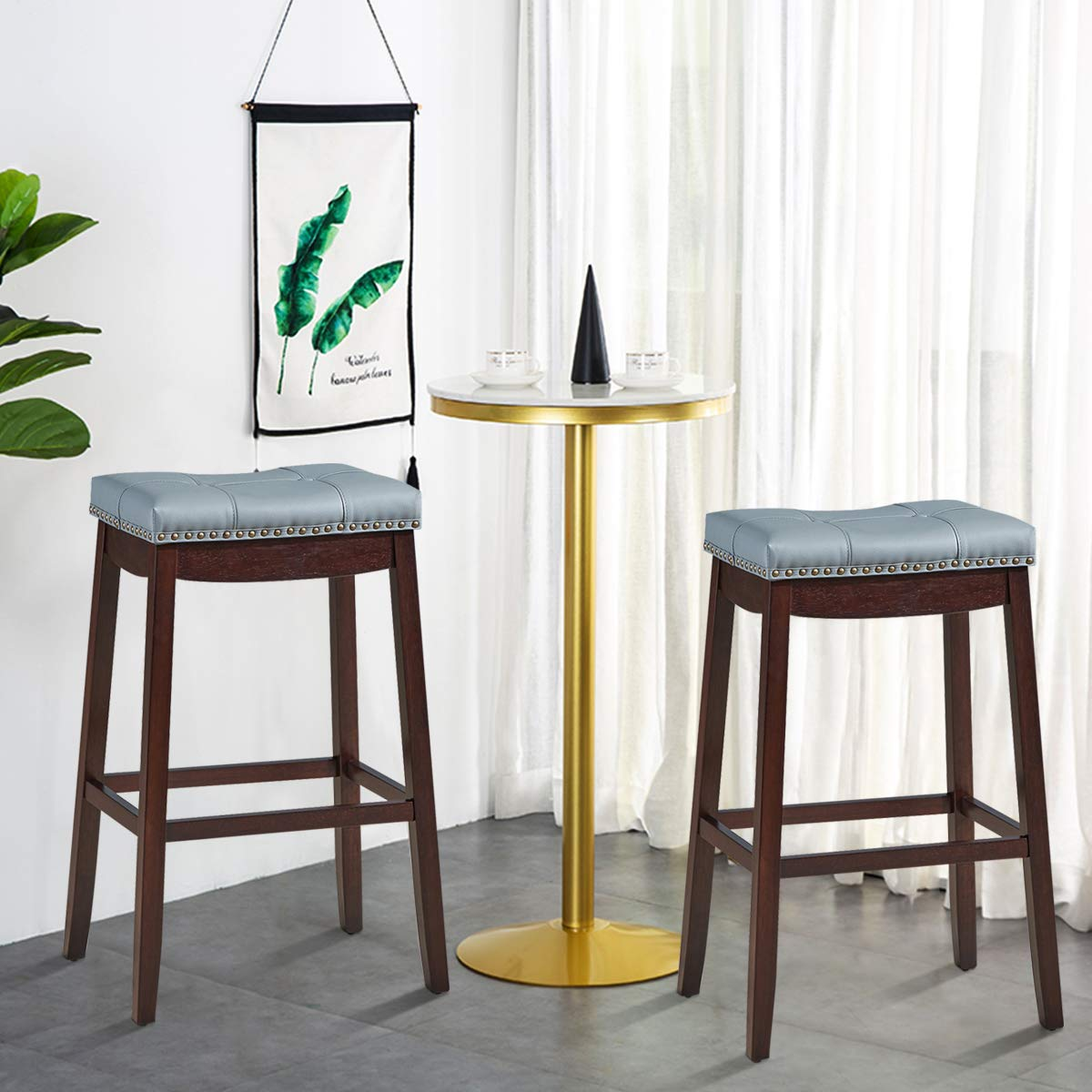 Giantex 74cm Saddle Bar Stools Set of 2, Backless Nailhead Bar Stool