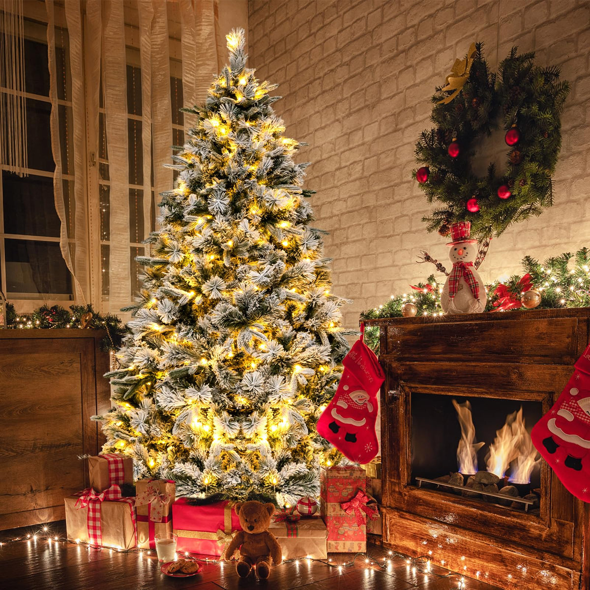 186 Christmas Tree with Pine Needles, Flocked Xmas Tree with 250 Warm White LED Lights & 752 Mixed Branch Tips
