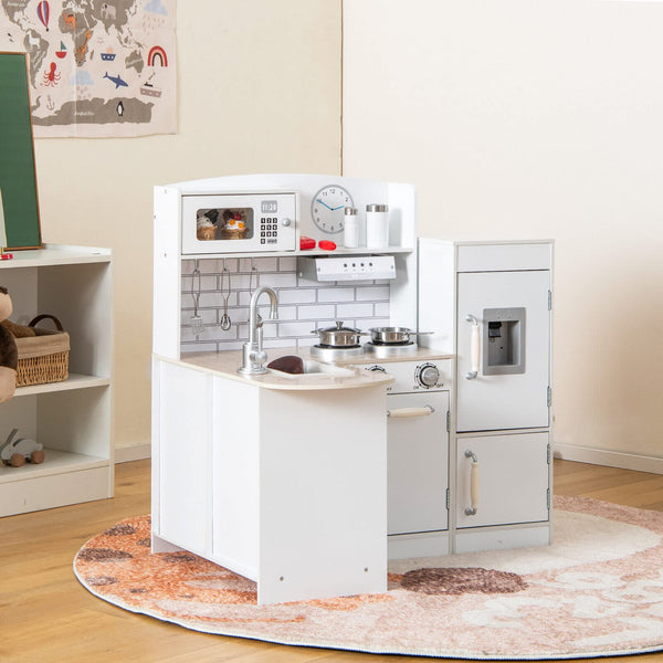 Kids Corner Kitchen Playset, Wooden Play Kitchen Toy Set w/Realistic Microwave