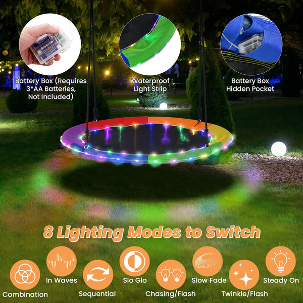 40”/100CM Saucer Tree Swing with LED Lights, Indoor Outdoor Saucer Swing for Kids Adults w/Adjustable Multi-Strand Hanging Ropes