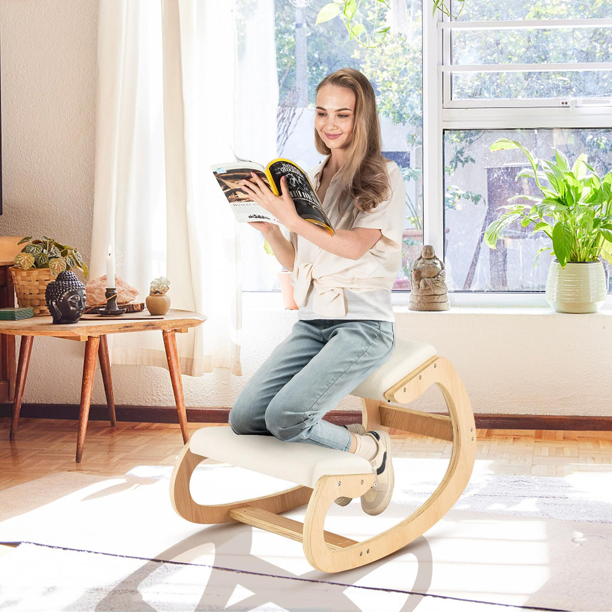 Giantex Ergonomic Kneeling Chair, Wood Rocking Posture Chair with Soft Cushion for Back Neck Shoulder Pain Relief