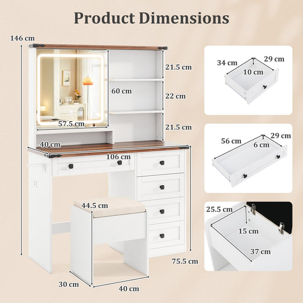 Giantex Farmhouse Vanity Set w/Mirror and Lights, Modern Dressing Table & Stool Set w/ 3-Color Lighting & Adjustable Brightness