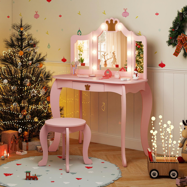 Kids Vanity Set with 3-Color Adjustable Lighted Mirror