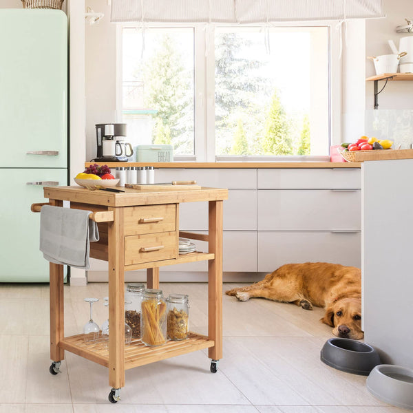 Giantex Rolling Bamboo Kitchen Island Cart, Kitchen Trolley Cart w/ Drawers & Shelves, Multi-Purpose Serving Cart