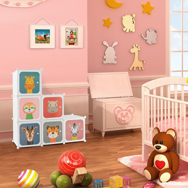 Children 8-Cube Wardrobe, Baby Dresser Kids Armoire w/Doors, Cute Cartoon Animal Patterns