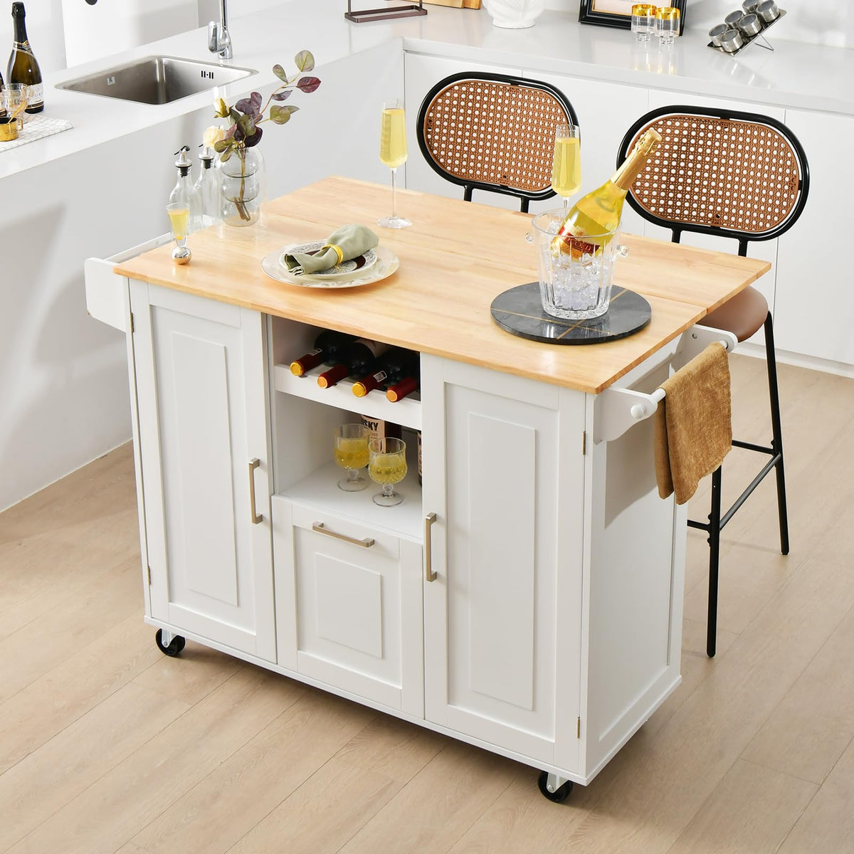 Rolling Kitchen Island Cart, Large Kitchen Island w/Drop-Leaf Countertop & 4 Rotatable Casters