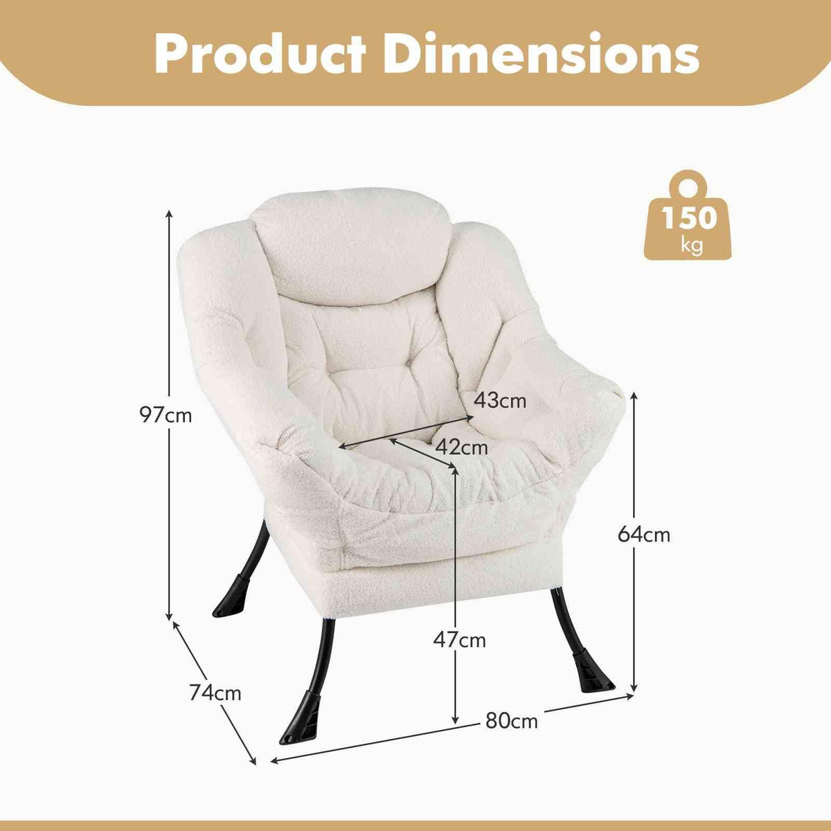 Large Lazy Chair, Sherpa Upholstered Accent Chair with Cozy Head Pillow, Stylish Tufted Back & Seat