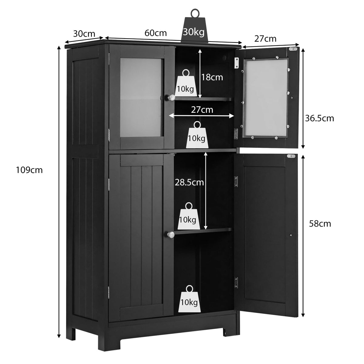 Bathroom Storage Cabinet, Kitchen Pantry Cabinet w/Tempered Glass Doors & Adjustable Shelf