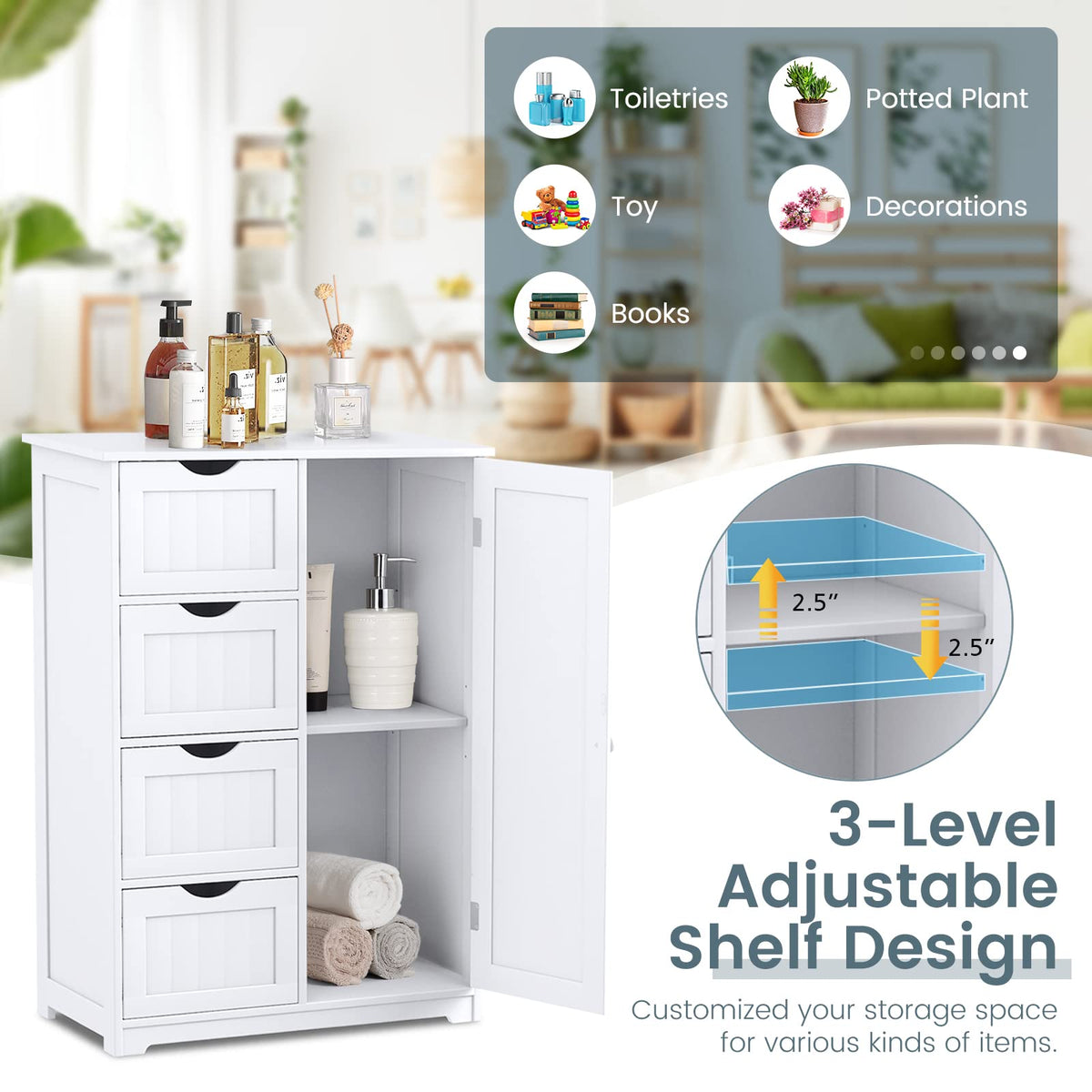 Giantex Bathroom Storage Cabinet with Single Door & 4 Drawers