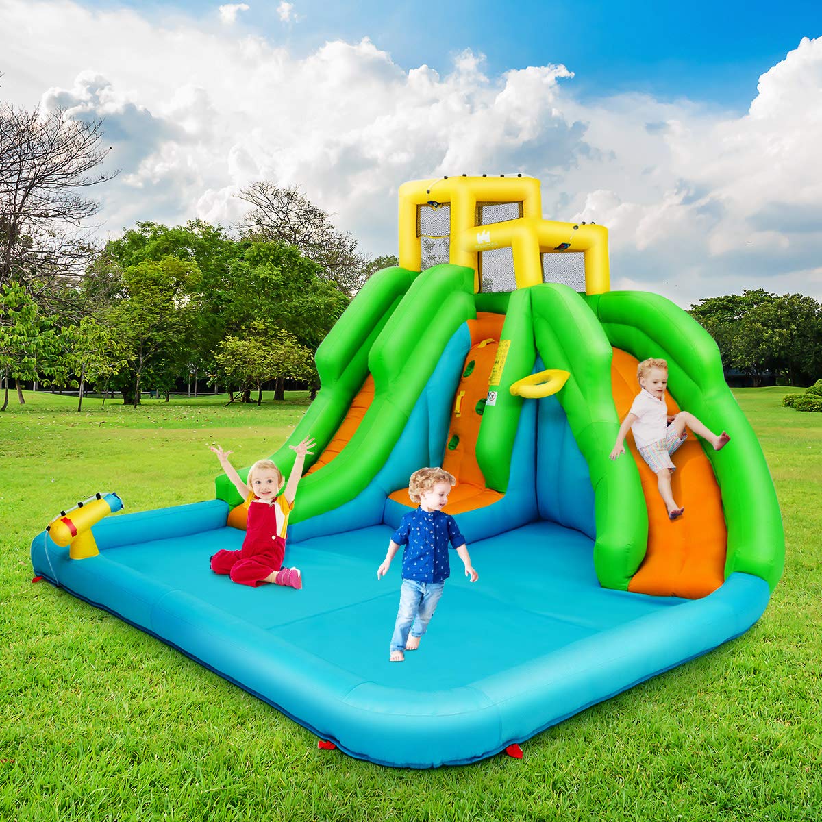 Inflatable Water Slide, 6 in 1 Inflatable Castle Water Park w/Climbing Wall