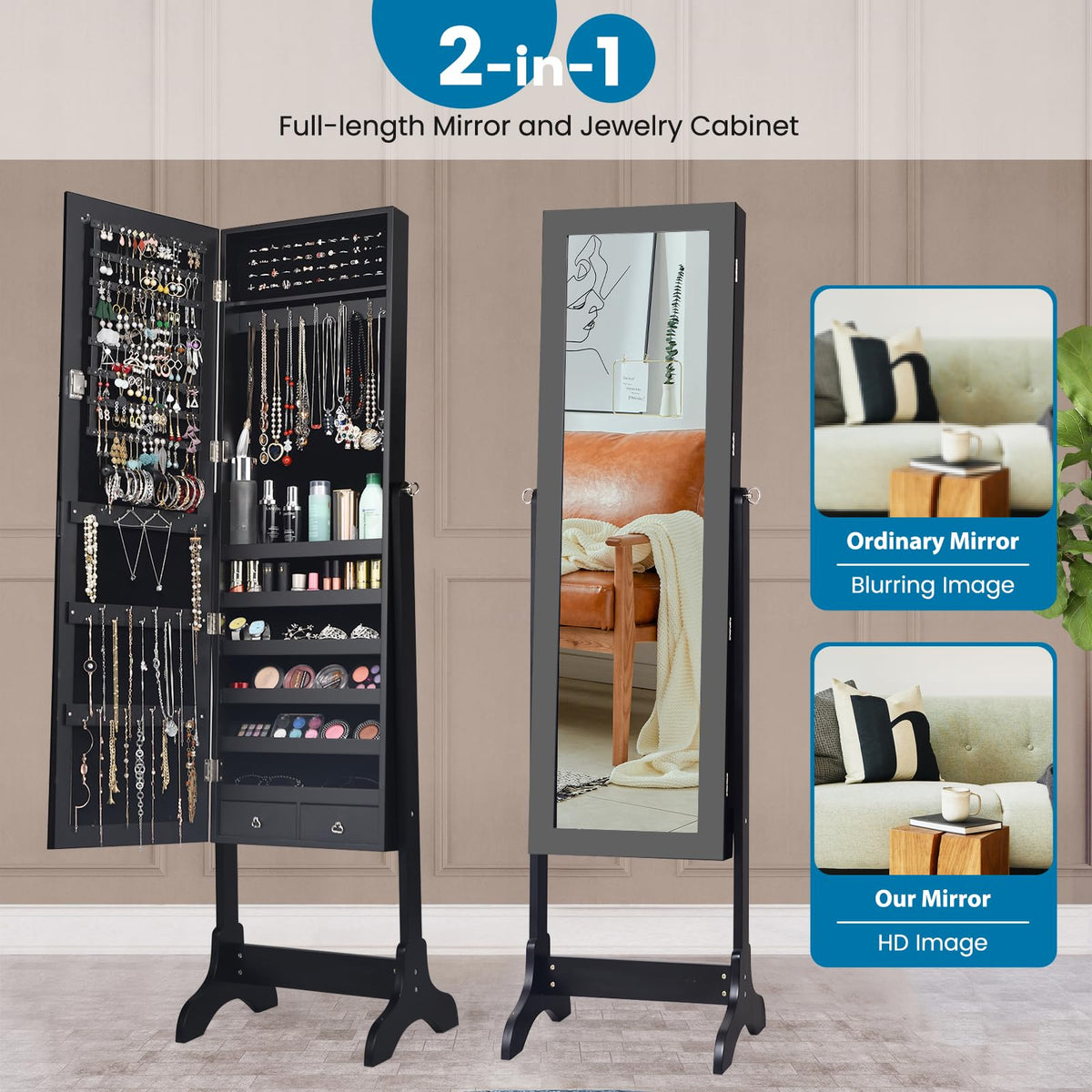 Giantex Jewelry Cabinet, Freestanding Jewelry Cabinet with Full-Length Mirror