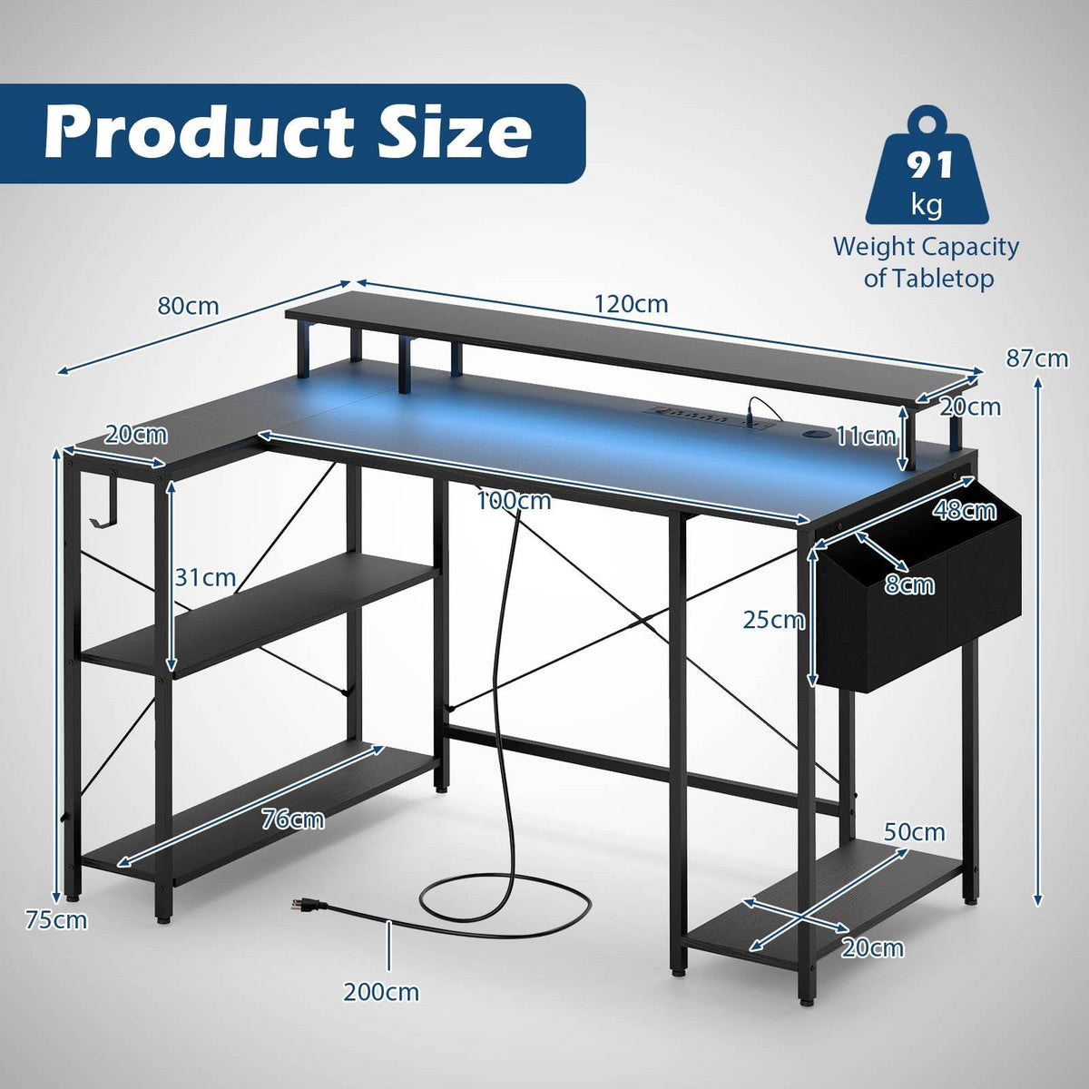 Giantex 120cm L-Shaped Gaming Desk Computer Desk w/LED Lights & Power Outlets