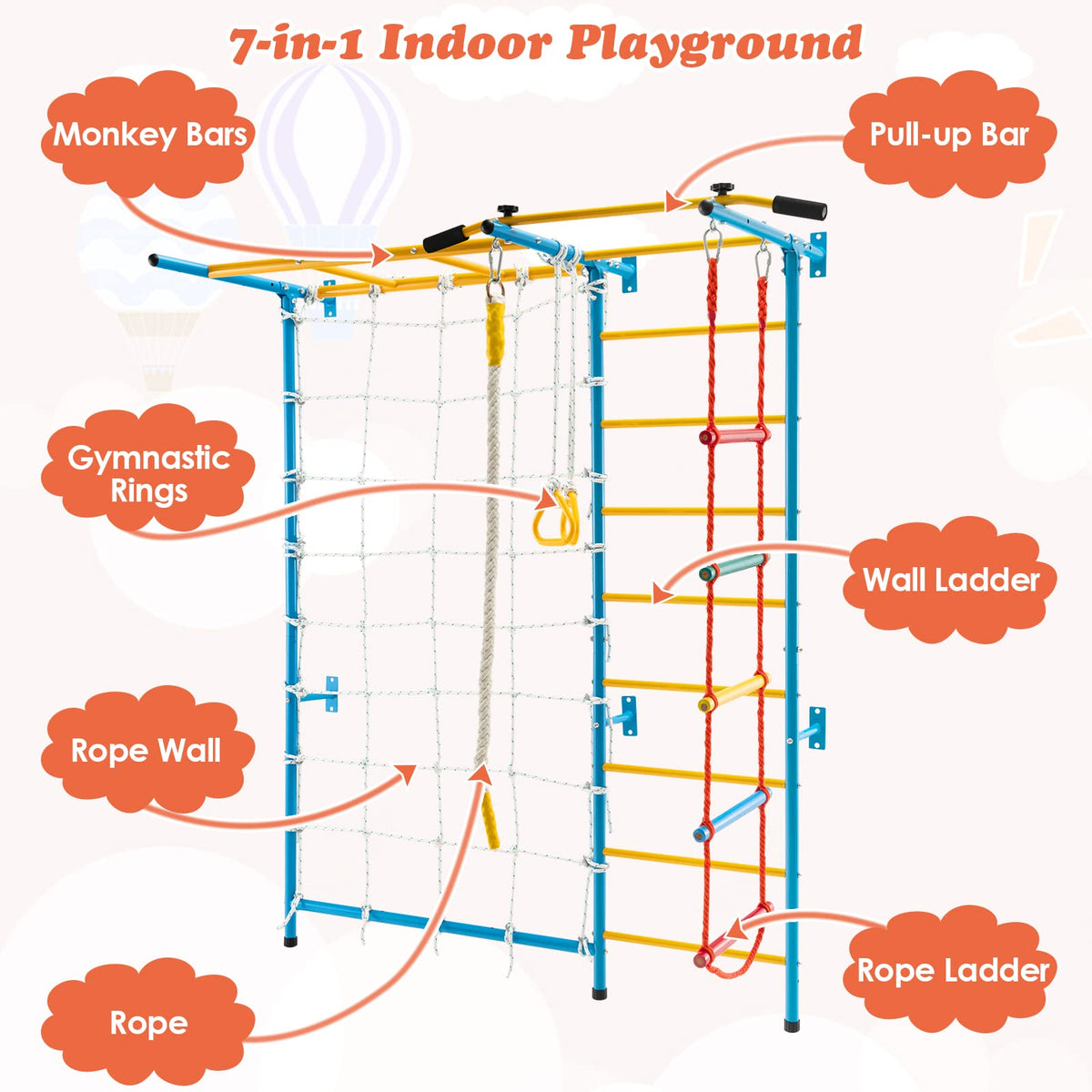 7-in-1 Steel Home Playground with Monkey Bars, Rope Wall, Wall Ladder, Pull-up Bar, Rope Ladder
