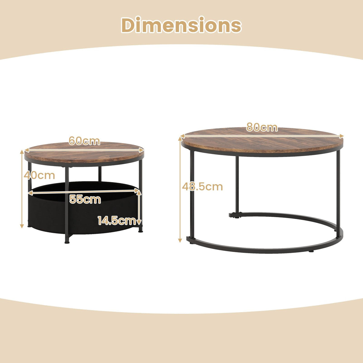Giantex Round Coffee Table Set of 2, 80cm & 60cm Circle Cocktail Table with Fabric Storage Basket & Metal Frame