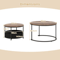 Giantex Round Coffee Table Set of 2, 80cm & 60cm Circle Cocktail Table with Fabric Storage Basket & Metal Frame