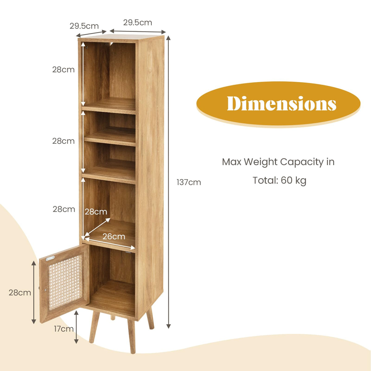 Natural Rattan Storage Cabinet Freestanding Cabinet 137cm Bookcase Display Rack
