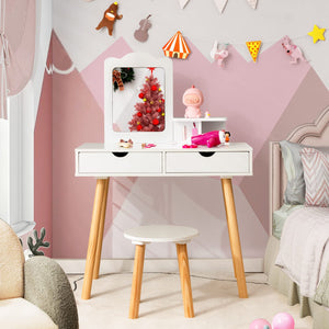 Girls Vanity Set with Mirror and Stool, 2 Large Drawers, Storage Shelf