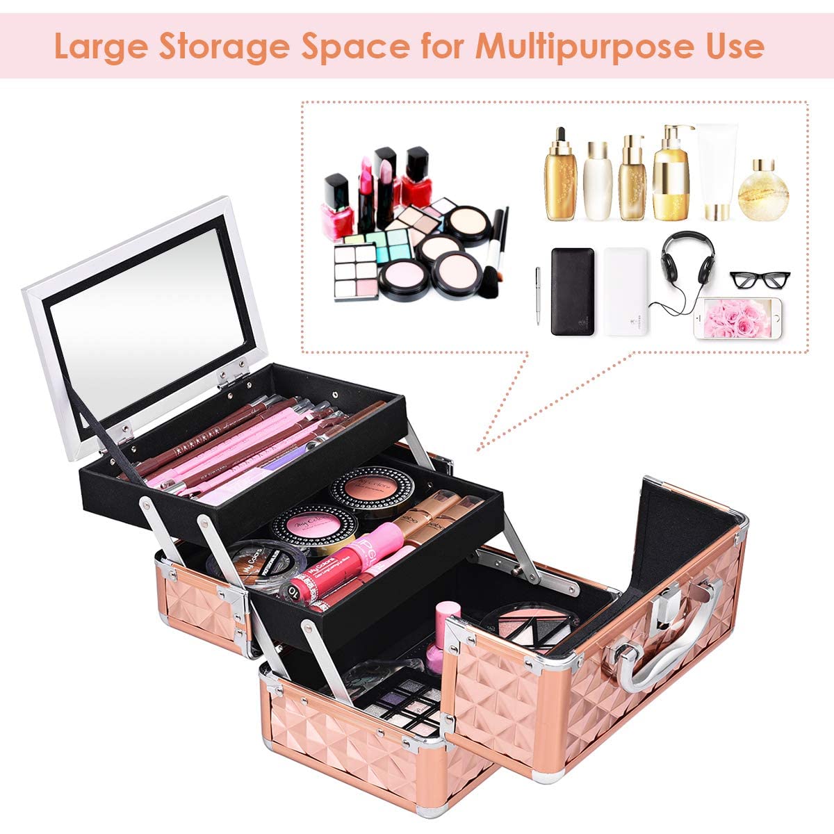 Giantex Portable Mini Makeup Case Beauty Box w/Mirror Professional Organiser Diamond