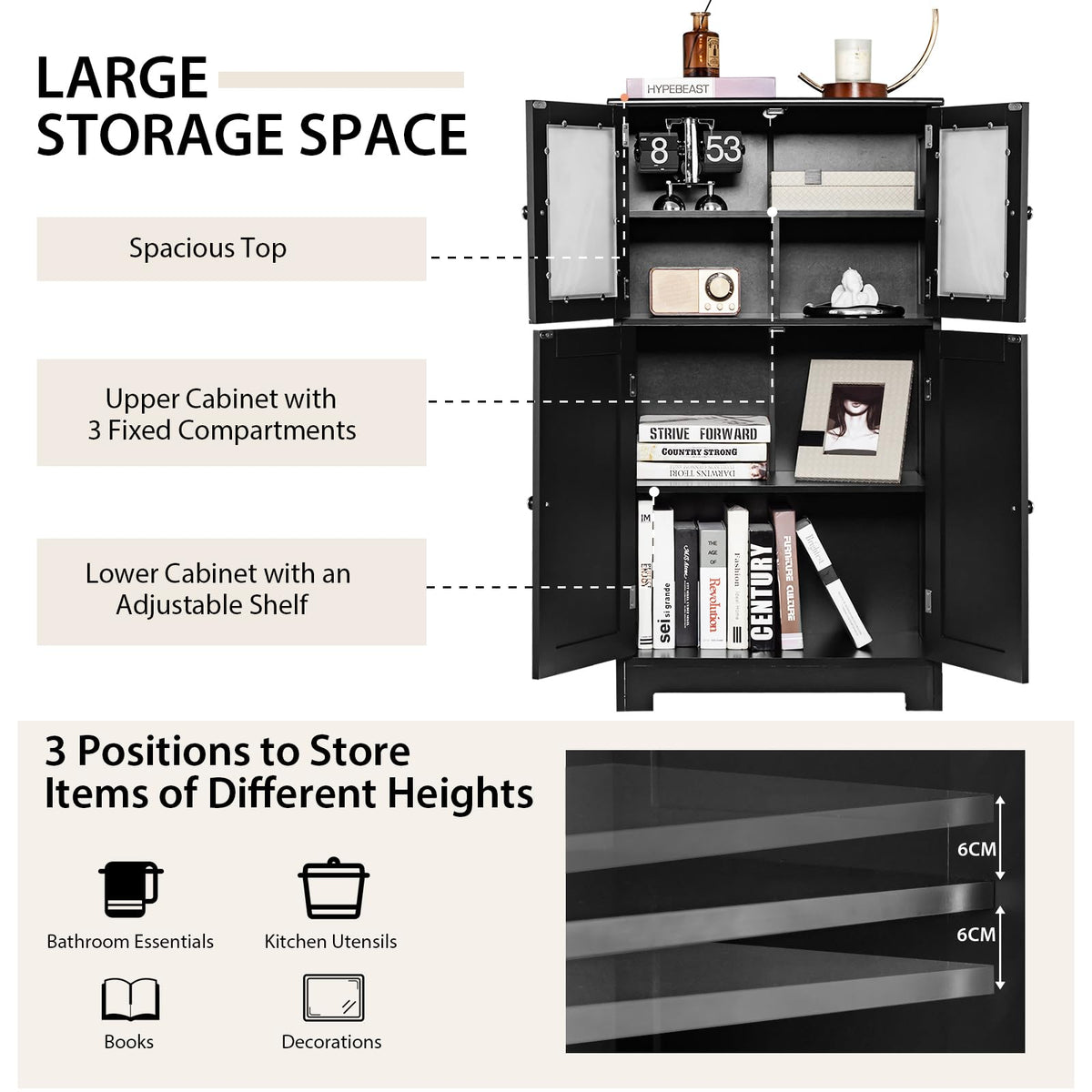 Bathroom Storage Cabinet, Kitchen Pantry Cabinet w/Tempered Glass Doors & Adjustable Shelf