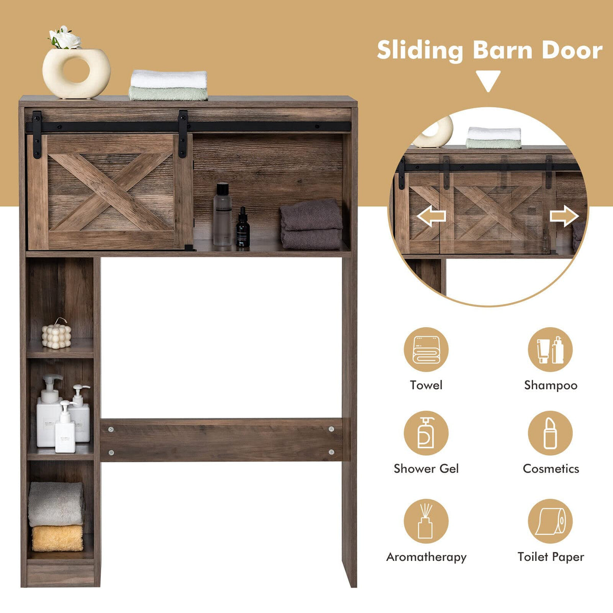 Giantex Over The Toilet Storage Cabinet, Freestanding Bathroom Organizer with Sliding Barn Door & Storage Shelves