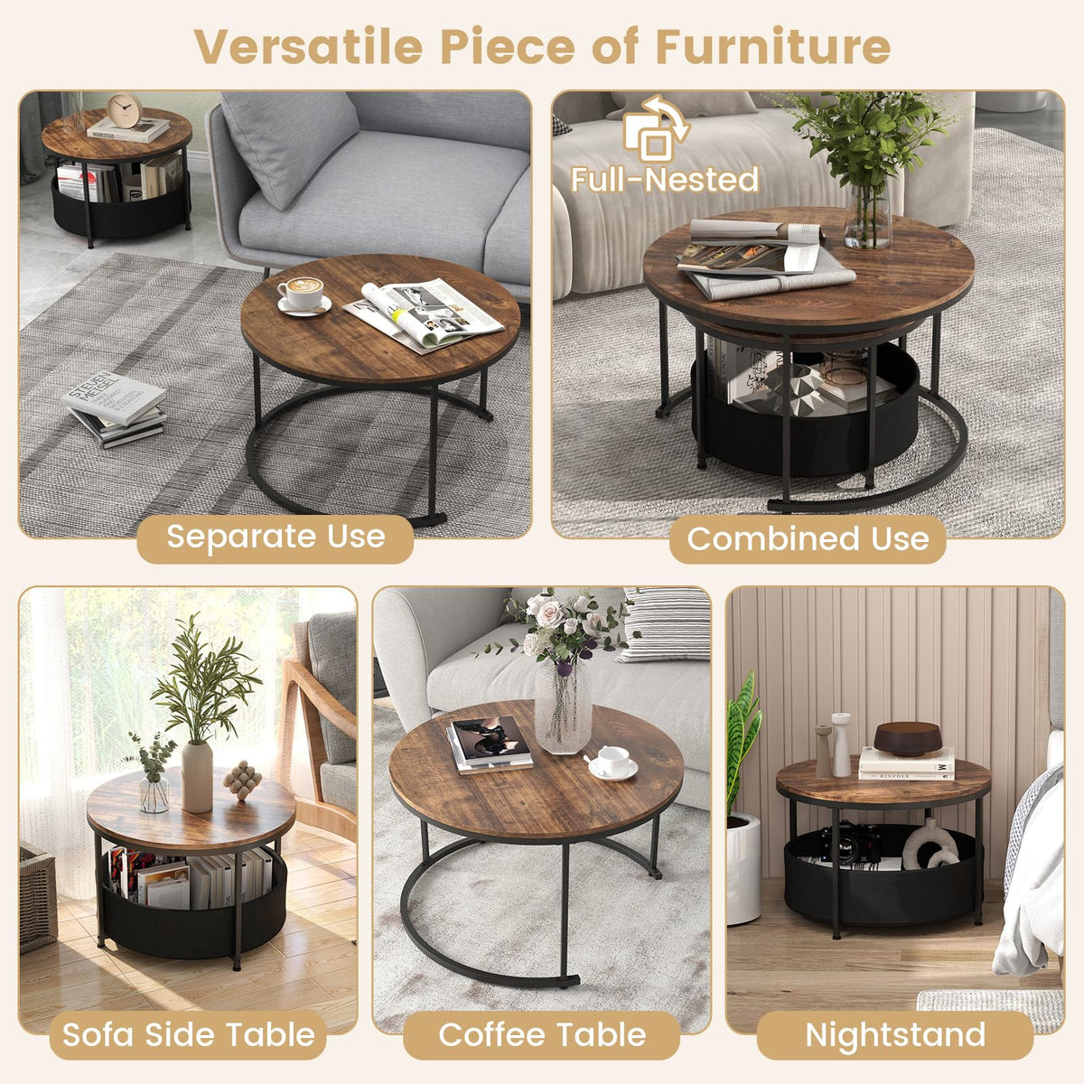 Giantex Round Coffee Table Set of 2, 80cm & 60cm Circle Cocktail Table with Fabric Storage Basket & Metal Frame
