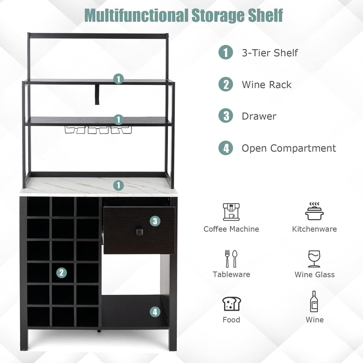 Giantex Kitchen Wine Rack, Freestanding Cabinet w/ Wine Glass Holder & Drawer, 4-Tier Bakers Rack