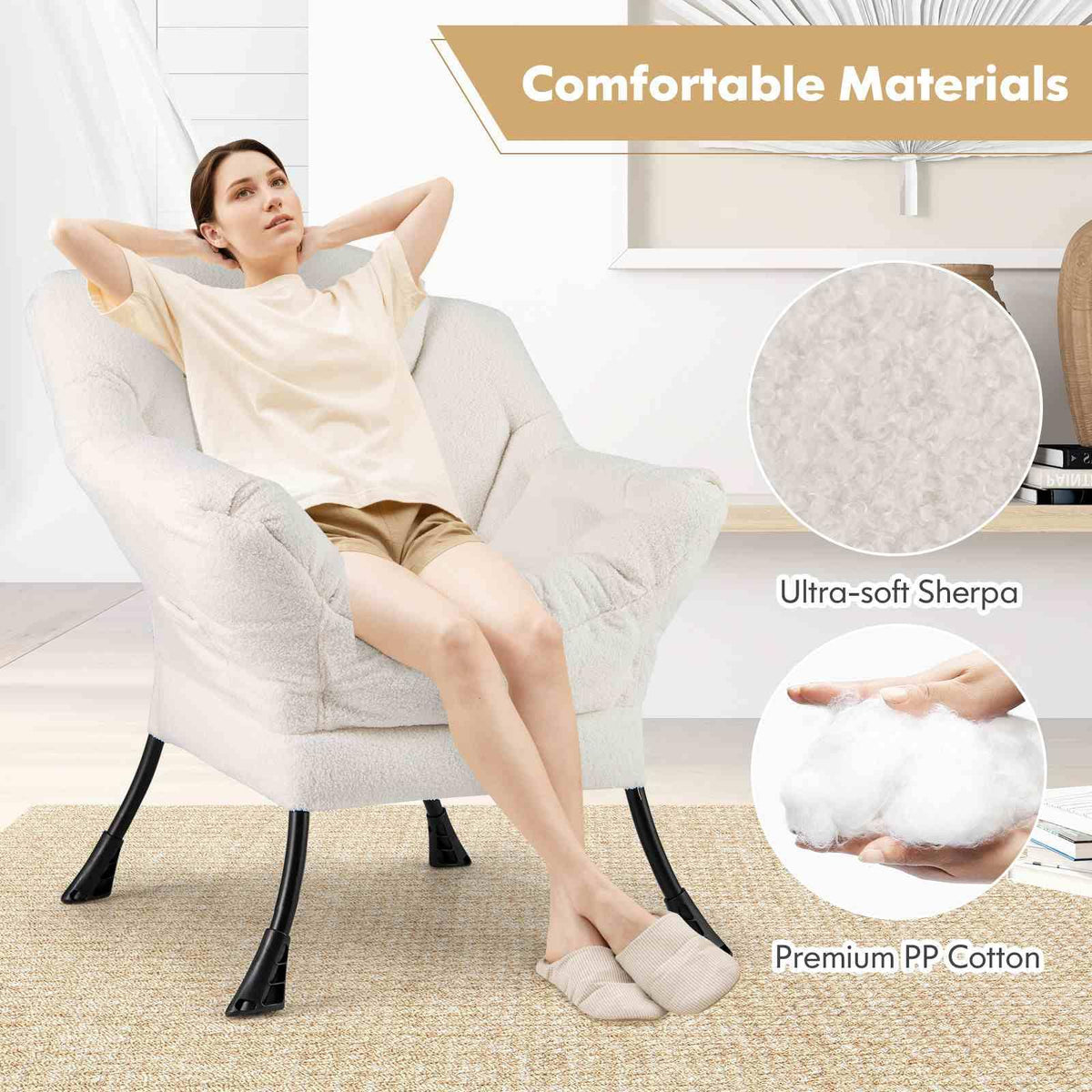 Large Lazy Chair, Sherpa Upholstered Accent Chair with Cozy Head Pillow, Stylish Tufted Back & Seat