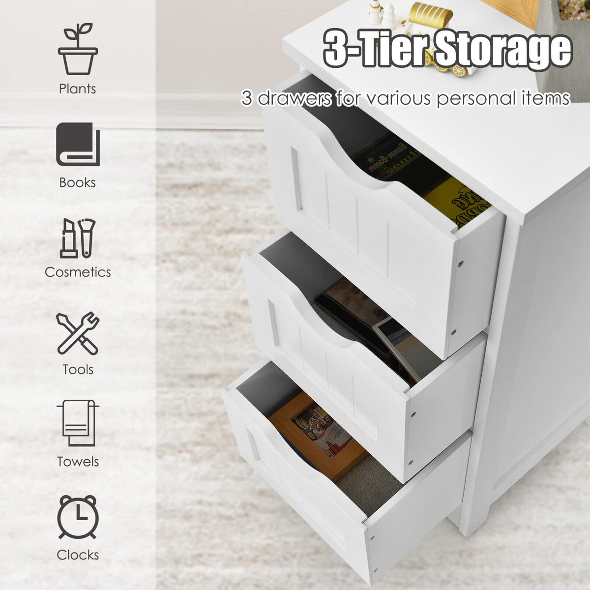Giantex Bathroom Floor Cabinet, Side Storage Organizer Cabinet with 3 Drawers, Anti-Toppling Kit, White