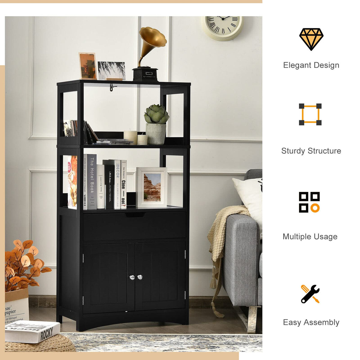 Giantex Floor Storage Cabinet, Freestanding Organizer, Kitchen Pantry Holder w/Anti-Toppling Mechanism, Wooden Entryway Sideboard