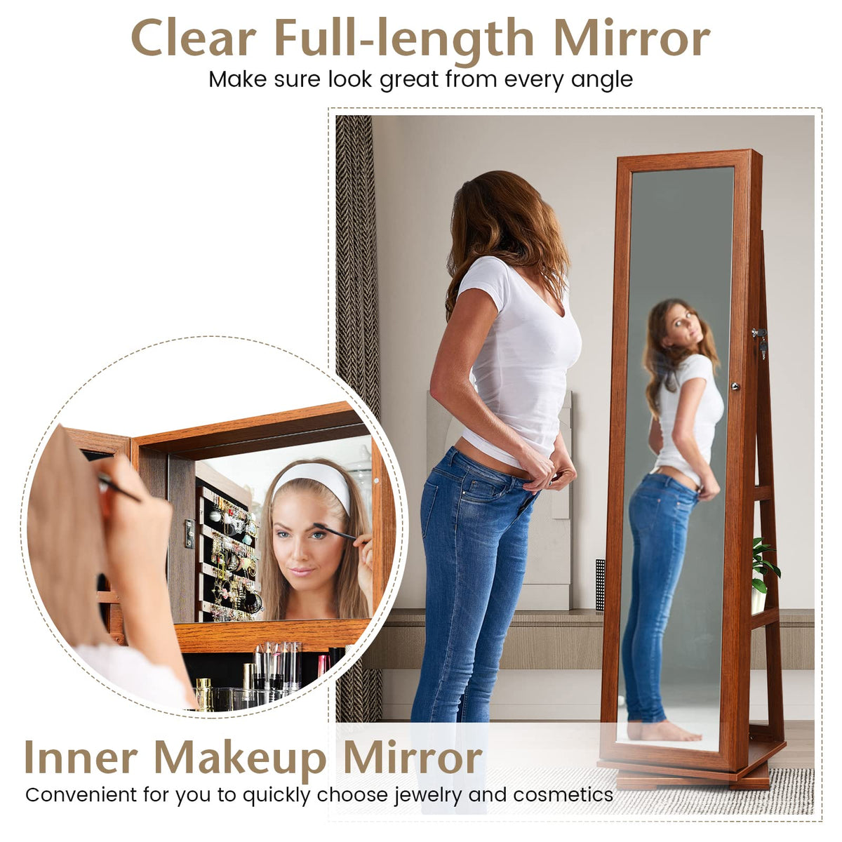 Giantex 360 Rotating Mirrored Jewelry Cabinet, Free Standing Jewelry Armoire, Full Length Mirror