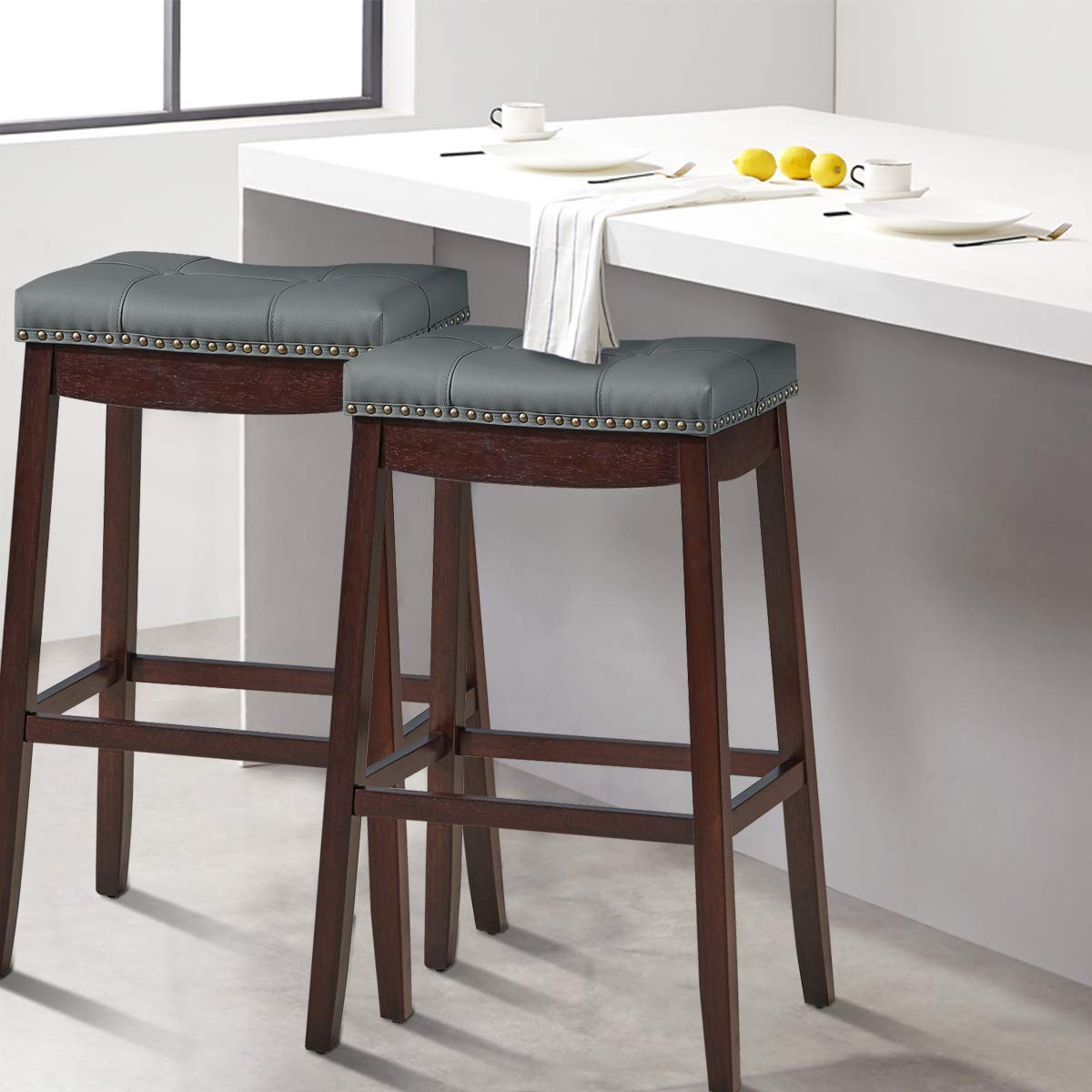 Giantex 74cm Saddle Bar Stools Set of 2, Backless Nailhead Bar Stool