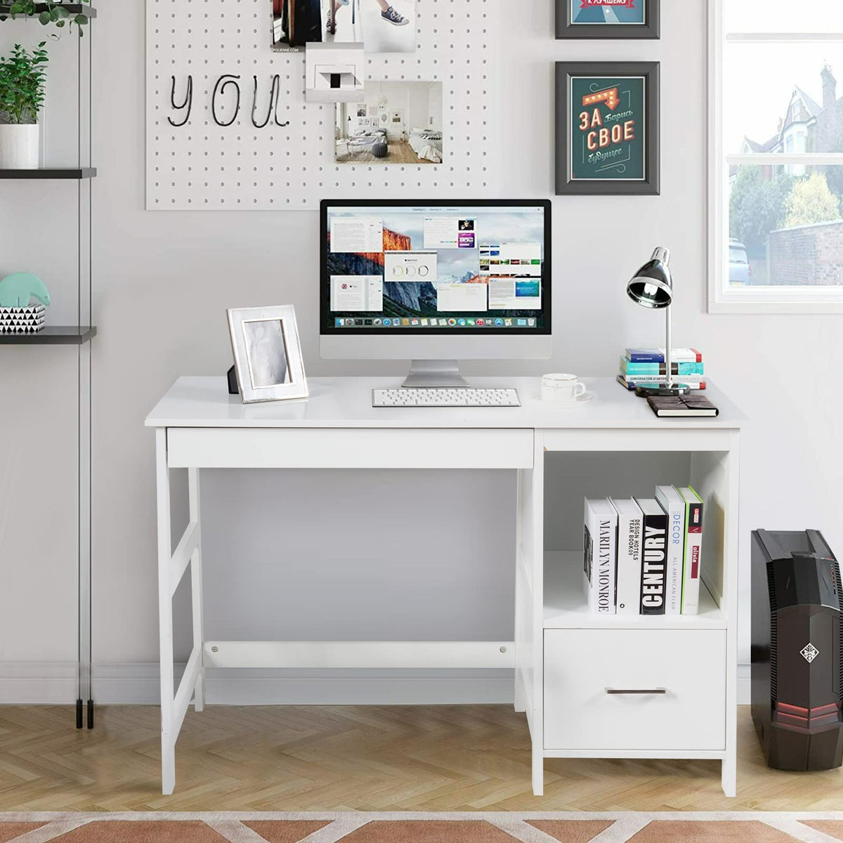 Computer Desk, Wooden Writing Table, Modern Home Office Desk with Footrest