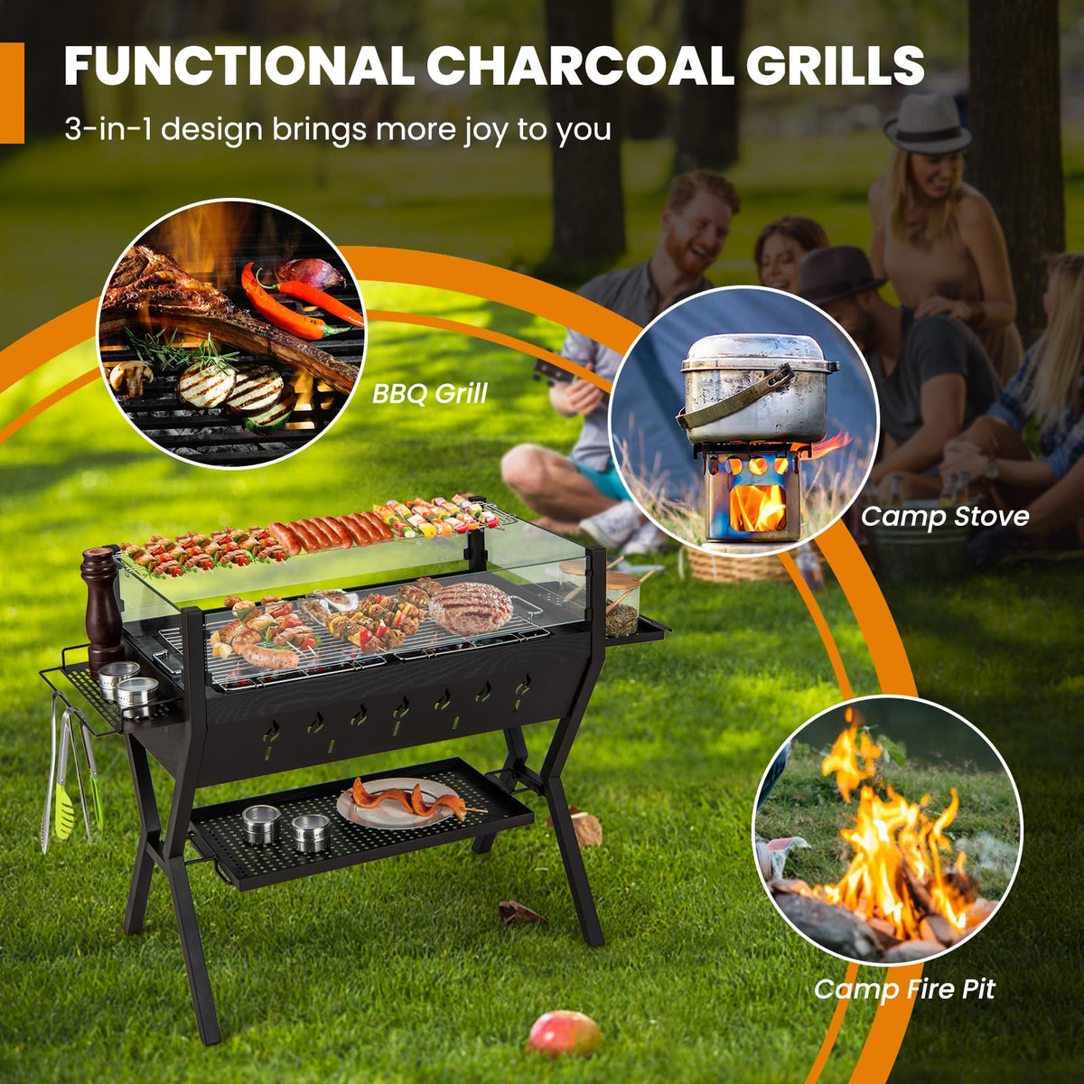 Barbecue Charcoal Grills, Stainless Steel Camping Grill w/Wind Guard